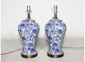 A Pair Of Glazed Ceramic Ginger Jar Lamps On Brass Bases By Safavieh