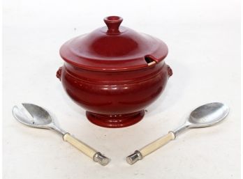 A Lidded Compote And Alloy Serving Spoons