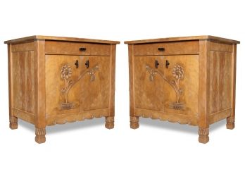 A Pair Of Hand Carved Wood Nightstands By Morrelli