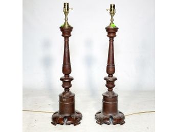 A Pair Of Vintage Turned Wood Lamps