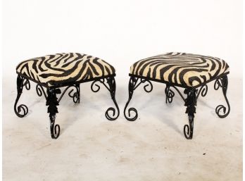 A Pair Of Wrought Iron Ottomans In Zebra Print