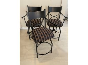 Three Black Metal Kitchen Counter Swivel Stools  With Upholstered Seat