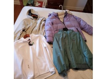 4 Ladies Coats -1 New White Karen Scott, 1 Lands' End Green & 1 Violet, 1 Misty Harbor Rain Coat