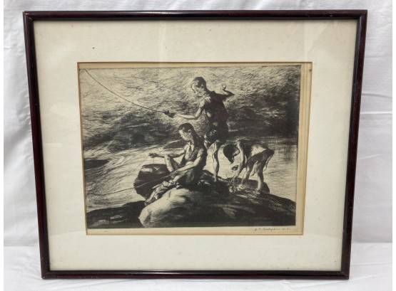 Hand Signed Black And White Sketch Of Three Children On A Rock