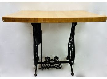 Very Nice Maple Wood  Butcher Block Style Top On An Old Sewing Machine Base