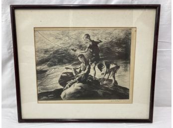 Hand Signed Black And White Sketch Of Three Children On A Rock