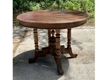 Antique Round Table On Heavy Strong Four Post Base  Great Table