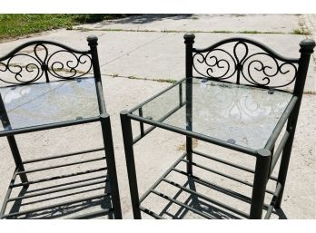 Matching Pair Of Glass Top Metal Side Tables Nice Set