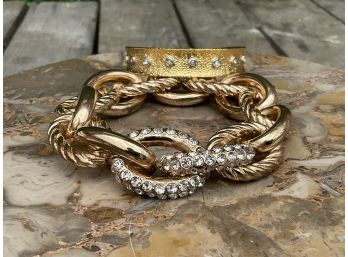 Two Gold Tone Bracelets With Rhinestone Embellishments