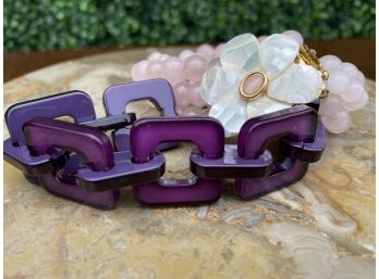 Five Strand Pink Beaded Bracelet & Purple Lucite Bracelet