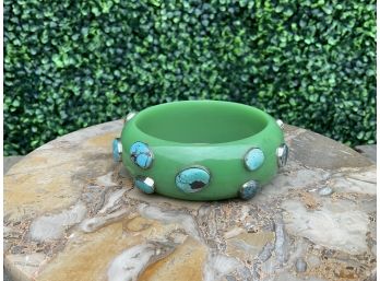 Kelly Green Bakelite Bangle With Turquoise Stones Embedded In Silver