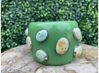 Stunning Green Bakelite Bangle With Turquoise Stones