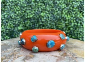 Vibrant Orange Bakelite Bangle With Turquoise Stones