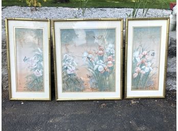 Set Of Three Signed Floral Oriental Prints On Silk In Gilt Frame
