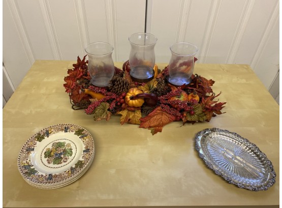 Fall Table Center Piece With 6 Hyde Plates And Antique Serving Dish