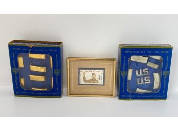 Two Vintage Meyer York Military Insignia Button Sets & Framed Boy Scout Stamp, 1960