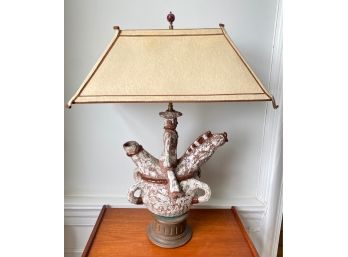 Vintage Hade Made Ceramic Lamp With Wood Base