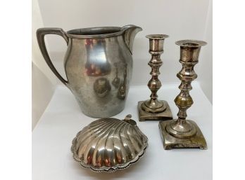 Priscilla Pewter Pitcher, Silver Plate Candle Sticks & Shell Dish