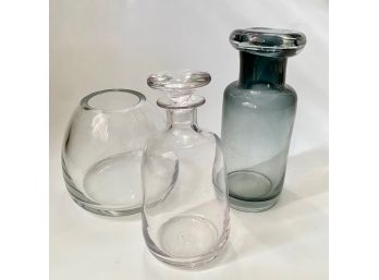 Thick Glass Decanter & Two Vases