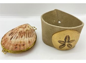 Leather Cuff Bracelet With Gold Sand Dollar & Shell Box