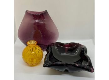 Two Art Glass Vases & Ashtray