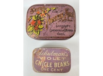 Antique Tin Boxes For Schulman's Violet Chicle Beans Gum & Savon French Soap