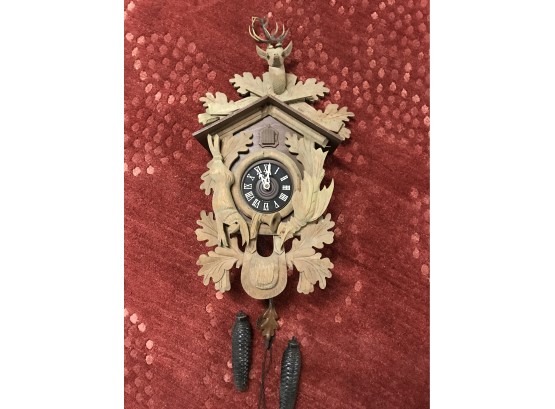 Antique Wooden German Carved Cuckoo Clock, Bird, Rabbit, Deer