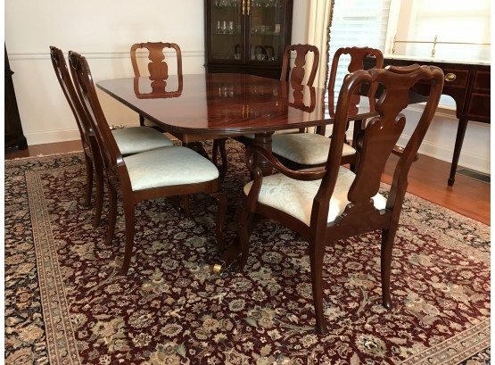 Elegant Burled Finish Kindel Dining Room Table With Brass Feet & Dining Chairs