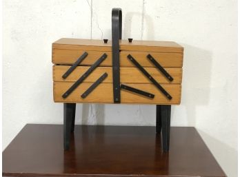 Unique Wooden Tiered Sewing Box With Buttoneer