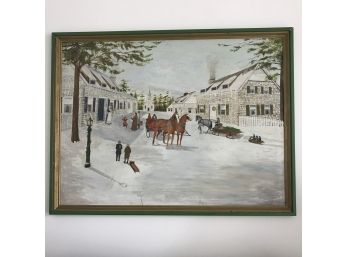 Large Oil Painting Framed Of A Winter Village Scene