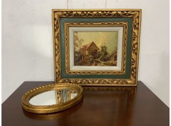 Gold Framed Oval Decorative Mirror And Small Framed Painting (unsigned)