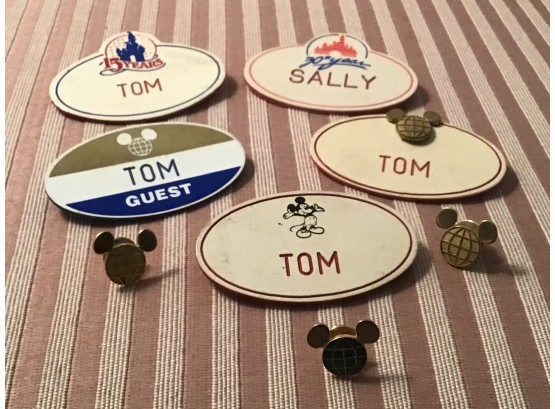 Five Vintage Official Walt Disney World Name Badges And Three Vintage Mickey Mouse Pins