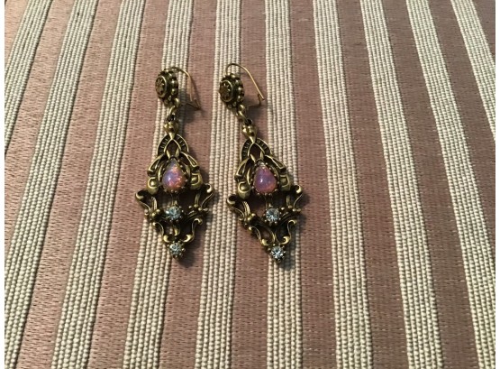 Gold Tone And Pink Rhinestone Earrings - Lot #17