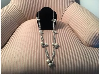 Silvered Rhinestone And Faux Pearl Double Strand Necklace