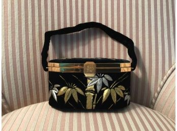 Signed Vintage Black Velvet Hand Made Embroidered Bag With Asian Flair