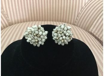 Vintage White Bead And Rhinestone Earrings