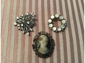 Three Pieces Of Jewelry - Cameo Pendant And Two Pins - Lot #8