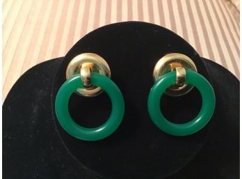 Signed Napier Gold Tone And Green Earrings