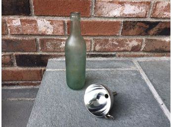 Stainless Funnel Marked MMA With Ring Loop And Vintage Green Bottle