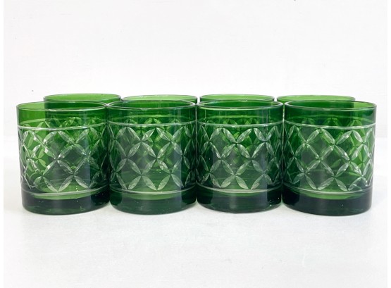Bohemian Style Green Cut Glass Old Fashion Whiskey Tumblers - Set Of 8
