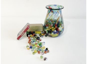 Glass Marbles And Coordinating Blown Glass Vase