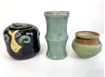 Trio Of Hand Painted Pottery Pieces In Earthy Tones