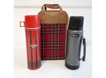 Thermos And Aladdin Travel Mugs And Plaid Carrying Case