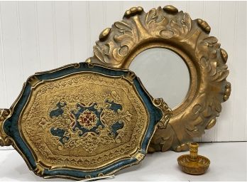 Italian Florentine Tray, Candle Holder And Ornate Mirror