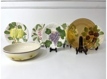 Vintage Hand Painted Fruit Plates And Serving Bowl