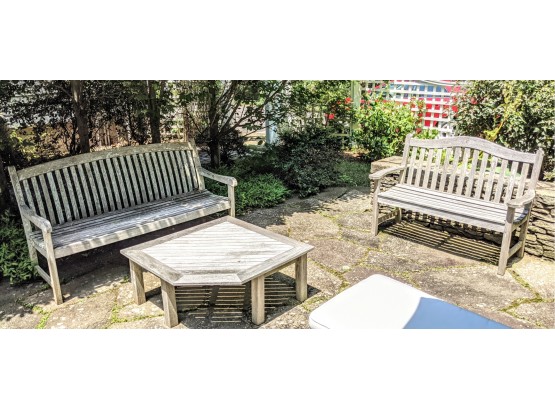 Beautifully Rustic And Weather-Worn Teak Wood Benches And Table