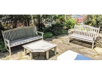 Beautifully Rustic And Weather-Worn Teak Wood Benches And Table