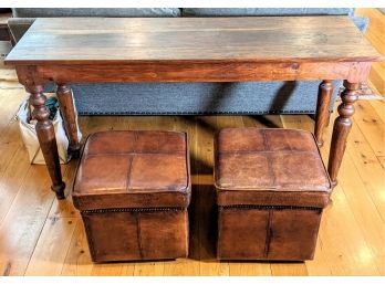 Gorgeous Rustic Wooden LILLIAN AUGUST Library Table And 2 Ottomans ~ Table 60x20x31' ~ Cube Seats 18x18x17'