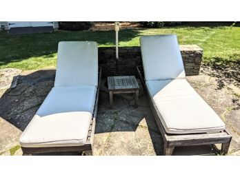 Pottery Barn ~ Beautifully Rustic Wooden Patio Set Including Adjustable Loungers, A Table, And An Umbrella