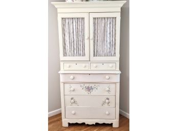 Gorgeous Hand Painted Floral Ribbon On White Wooden Bureau ~ Built Strong ~ In Superb Condition - 38x20x76'
